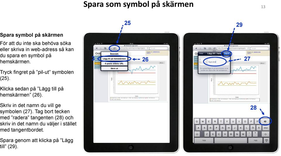 Klicka sedan på Lägg till på hemskärmen (26). Skriv in det namn du vill ge symbolen (27).