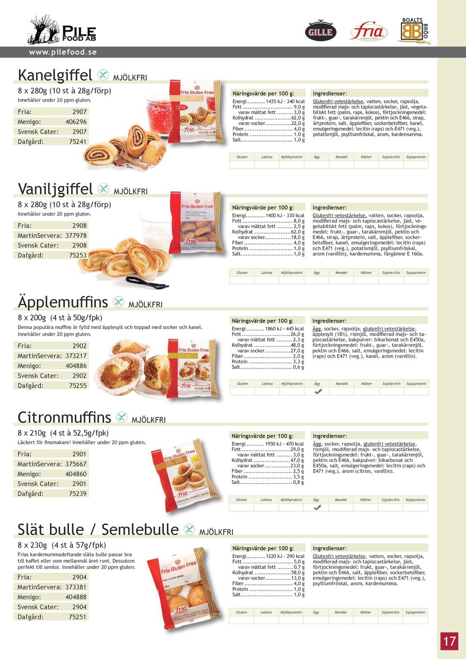 .. 1,0 g Glutenfri vetestärkelse, vatten, socker, rapsolja, modifierad majs- och tapiocastärkelse, jäst, vegetabiliskt fett (palm, raps, kokos), förtjockningsmedel: frukt-, guar-, tarakärnmjöl,