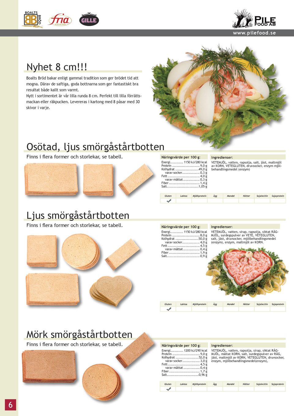 Osötad, ljus smörgåstårtbotten Finns i flera former och storlekar, se tabell. Energi... 1150 kj/280 kcal Protein... 9,0 g Kolhydrat...49,0 g varav socker... 0,3 g Fett... 4,0 g varav mättat.