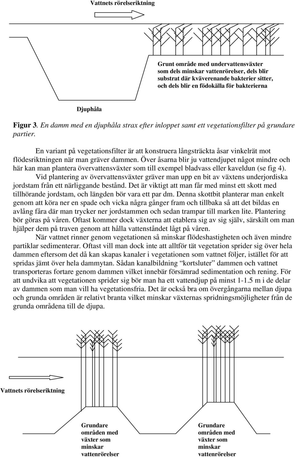 En variant på vegetationsfilter är att konstruera långsträckta åsar vinkelrät mot flödesriktningen när man gräver dammen.