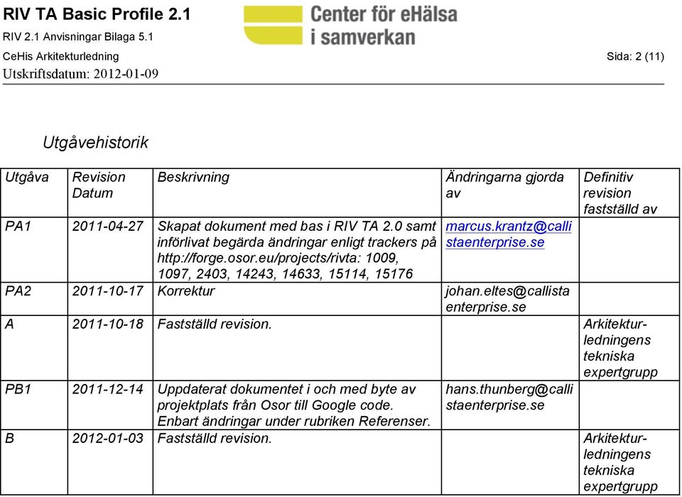 se Definitiv revision fastställd av PA2 2011-10-17 Korrektur johan.eltes@callista enterprise.se A 2011-10-18 Fastställd revision.