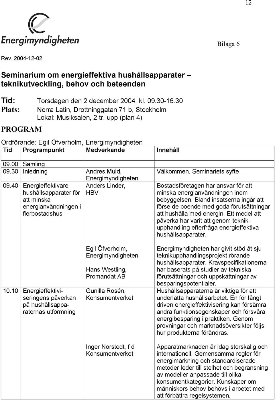 00 Samling 09.30 Inledning Andres Muld, 09.40 Energieffektivare hushållsapparater för att minska energianvändningen i flerbostadshus Energimyndigheten Anders Linder, HBV Välkommen.