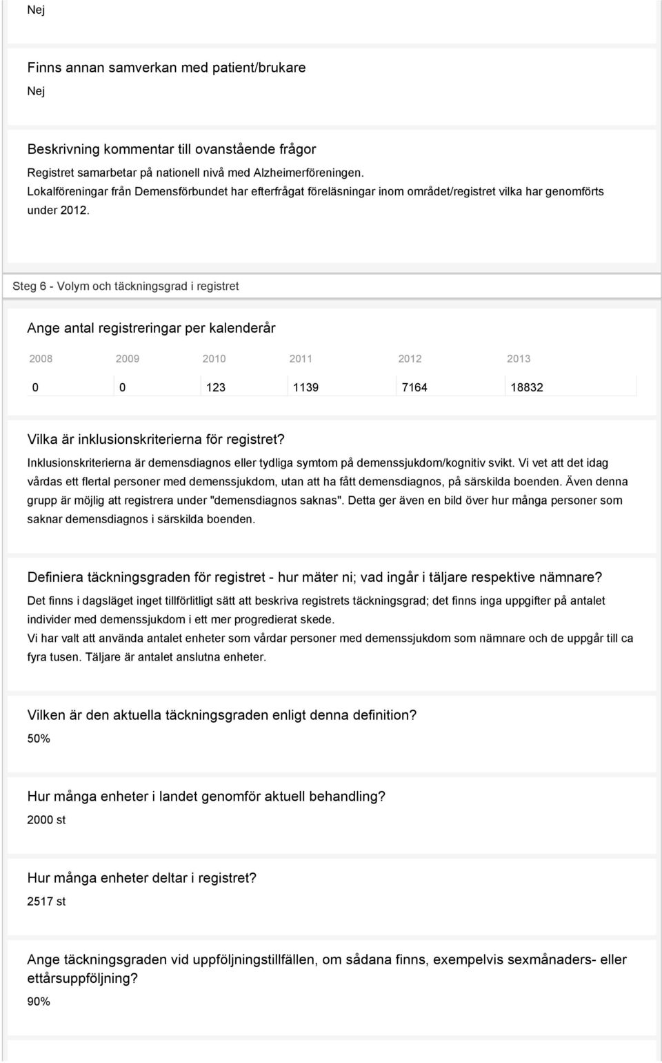 Steg 6 - Volym och täckningsgrad i registret Ange antal registreringar per kalenderår 2008 2009 2010 2011 2012 2013 0 0 123 1139 7164 18832 Vilka är inklusionskriterierna för registret?