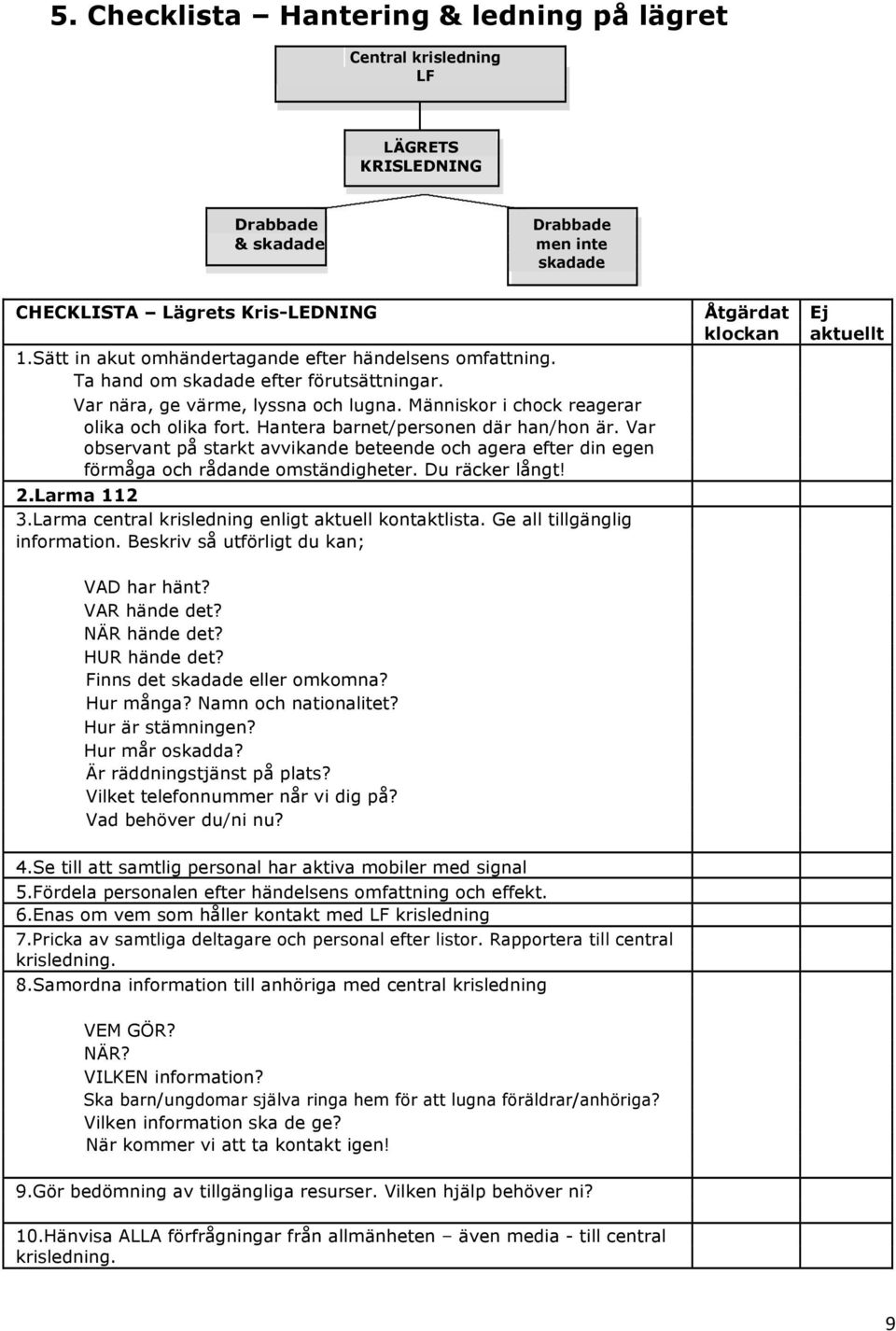 Hantera barnet/personen där han/hon är. Var observant på starkt avvikande beteende och agera efter din egen förmåga och rådande omständigheter. Du räcker långt! 2.Larma 112 3.
