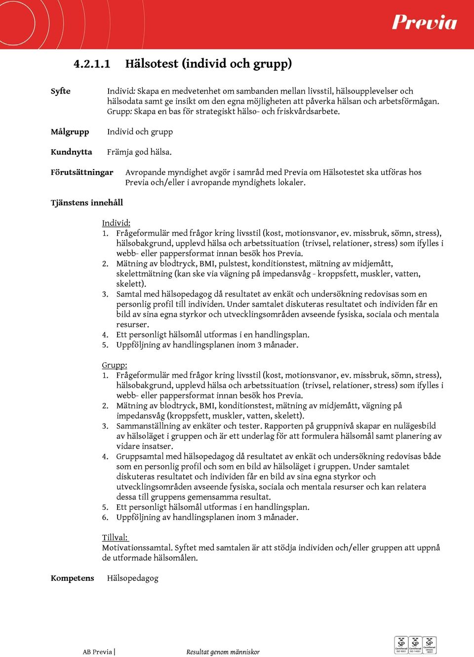 Avropande myndighet avgör i samråd med Previa om Hälsotestet ska utföras hos Previa och/eller i avropande myndighets lokaler. : 1. Frågeformulär med frågor kring livsstil (kost, motionsvanor, ev.