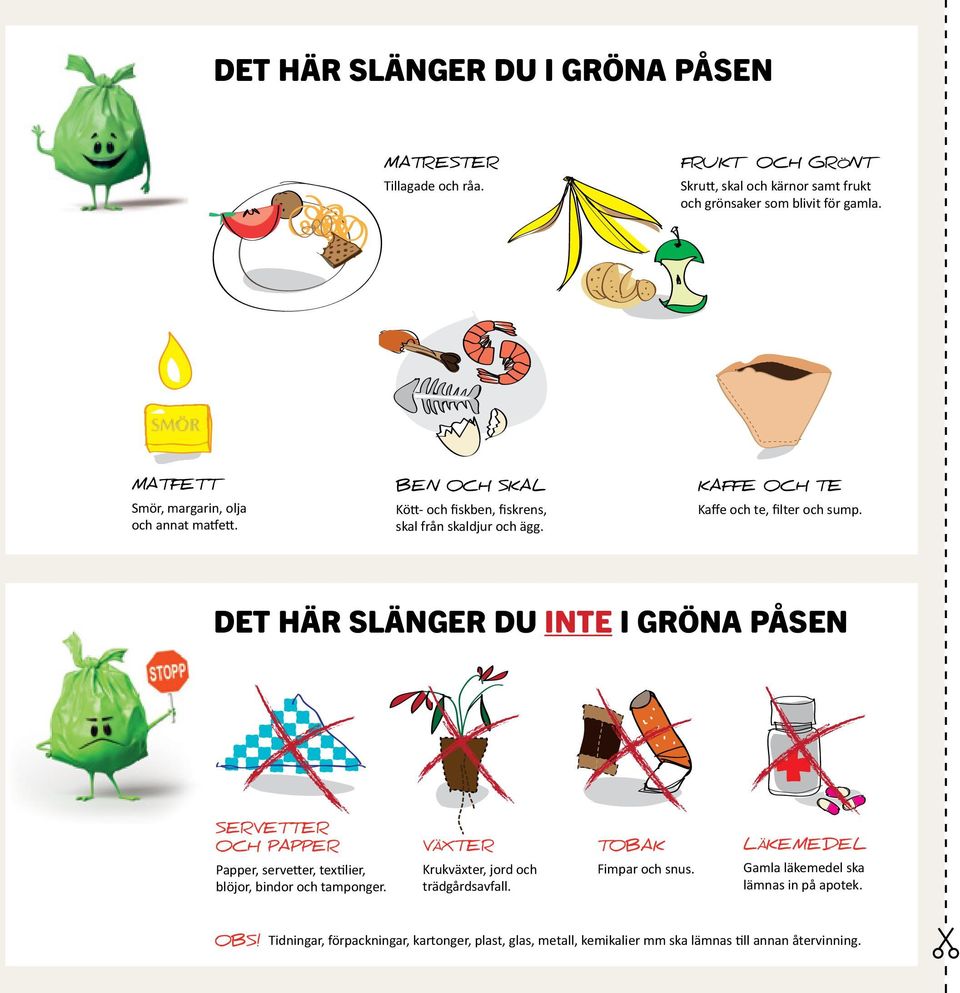 DET HÄR SLÄNGER DU INTE I GRÖNA PÅSEN SERVETTER OCH PAPPER Papper, servetter, textilier, blöjor, bindor och tamponger. VÄXTER Krukväxter, jord och trädgårdsavfall.