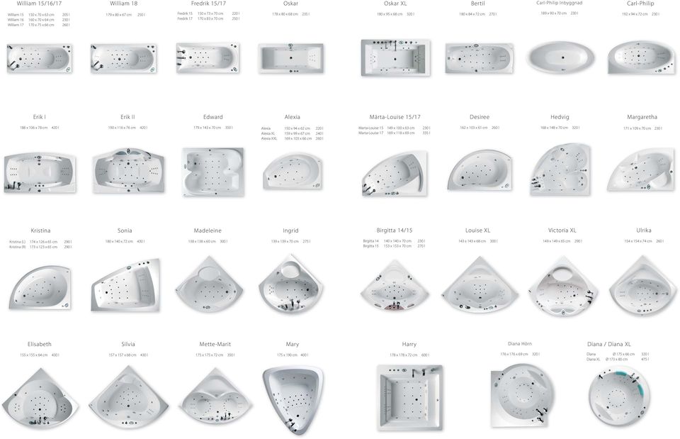 230 l Erik I Erik II Edward Alexia Märta-Louise 15/17 Desiree Hedvig Margaretha 188 x 106 x 78 cm 420 l 190 x 116 x 76 cm 420 l 179 x 143 x 70 cm 350 l Alexia 150 x 94 x 62 cm 220 l Alexia XL 159 x