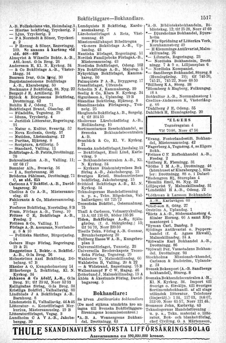 B., Klarabergsg. 50 Beckmans.J Bokförlag, St. Nyg. 22 Bergsjö J E, Artillerig. 23 Björck. &" Börjessons Bokförlag, Drottningg. 62 Bohlin K J, Odeng. 71 Bokförlaget Brand, Ölandsg.