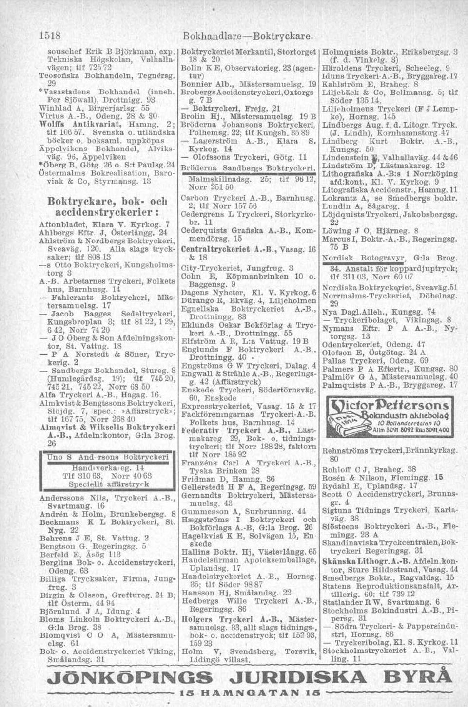 Sot Paulsg. 24 Östermalms Bokrealisation, Baroviak & Oo, Styrmansg. '13 Boktryckare, bok- och accidenstryckerier: Aftonbladet, Klara V. Kyrkog. 7 Ahlbergs Eftr. J, Öster1ängg.