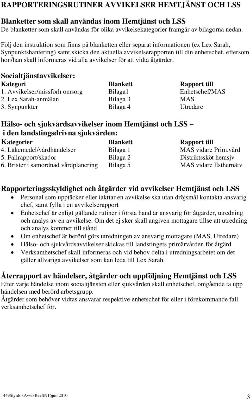 informeras vid alla avvikelser för att vidta åtgärder. Socialtjänstavvikelser: Kategori Blankett Rapport till 1. Avvikelser/missförh omsorg Bilaga1 Enhetschef/MAS 2. Lex Sarah-anmälan Bilaga 3 MAS 3.