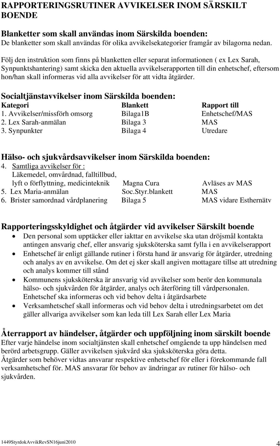 informeras vid alla avvikelser för att vidta åtgärder. Socialtjänstavvikelser inom Särskilda boenden: Kategori Blankett Rapport till 1. Avvikelser/missförh omsorg Bilaga1B Enhetschef/MAS 2.