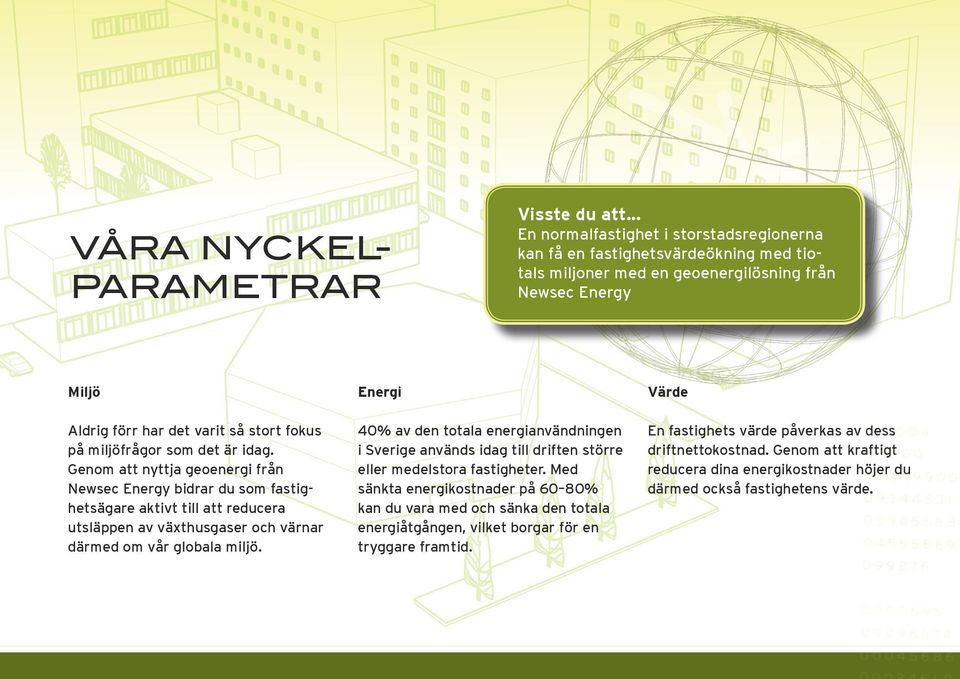 miljöfrågor som det är idag. Genom att nyttja geoenergi från Newsec Energy bidrar du som fastighetsägare aktivt till att reducera utsläppen av växthusgaser och värnar därmed om vår globala miljö.