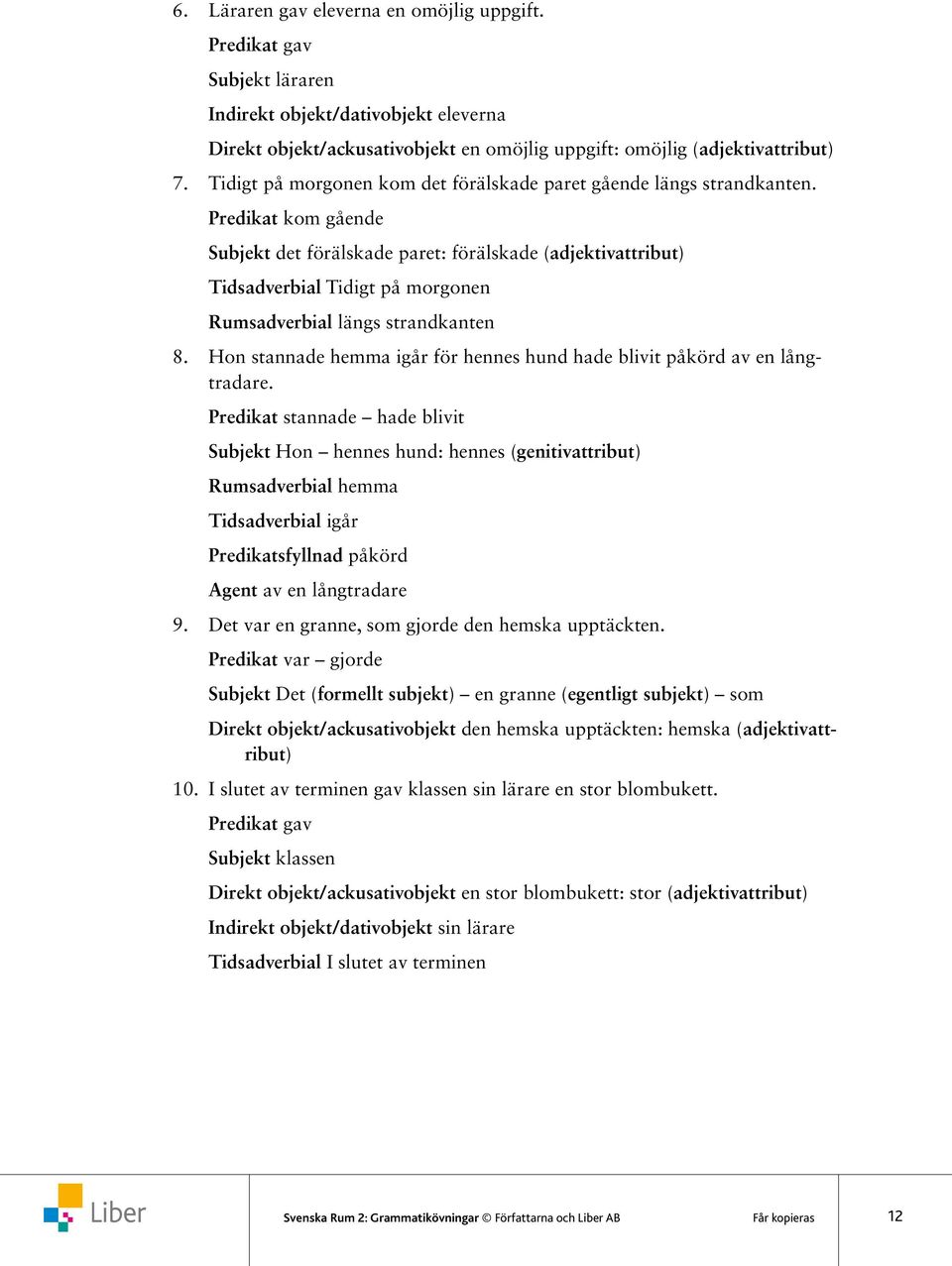 Predikat kom gående Subjekt det förälskade paret: förälskade (adjektivattribut) Tidsadverbial Tidigt på morgonen Rumsadverbial längs strandkanten 8.