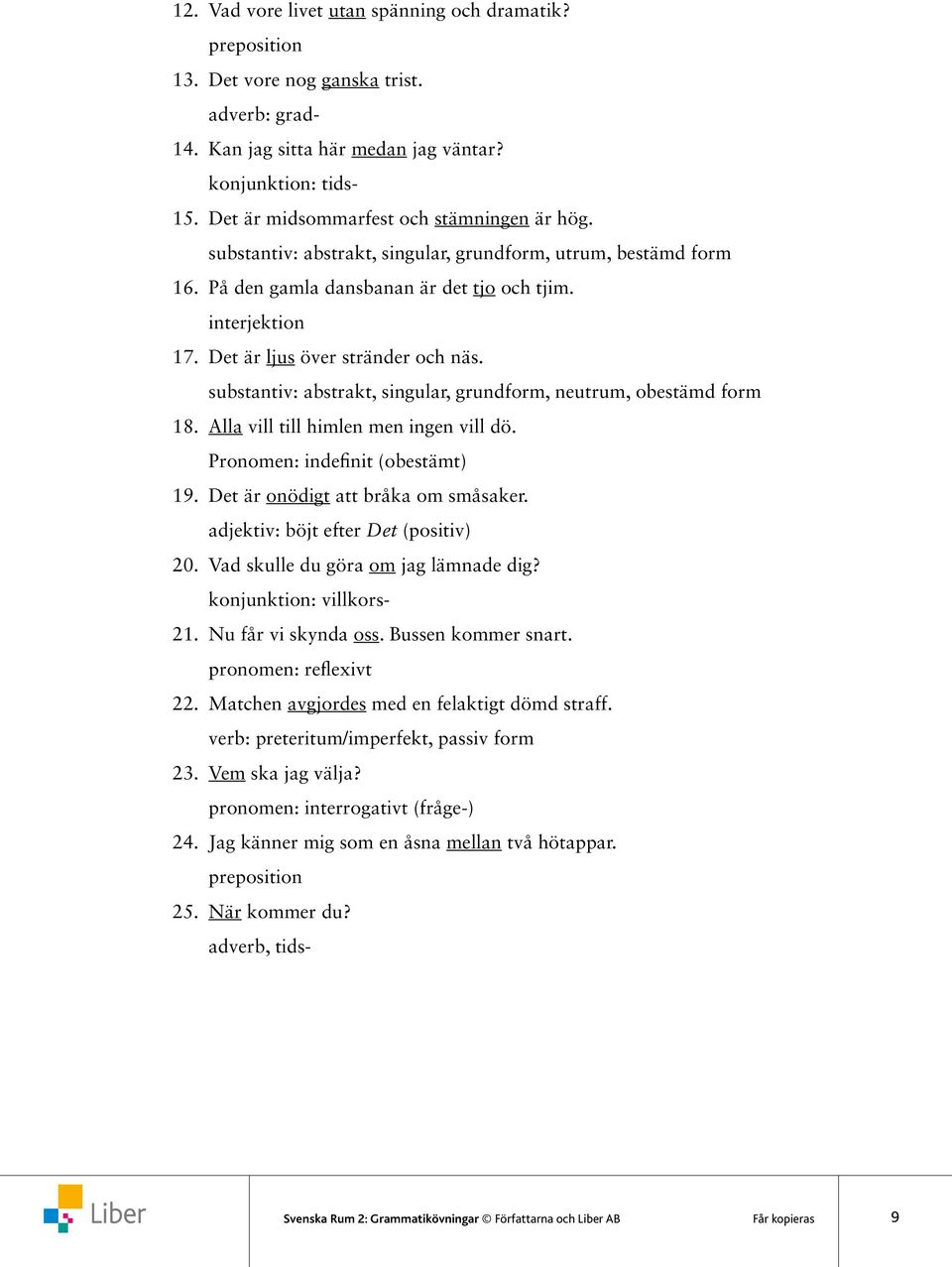 Det är ljus över stränder och näs. substantiv: abstrakt, singular, grundform, neutrum, obestämd form 18. Alla vill till himlen men ingen vill dö. Pronomen: indefinit (obestämt) 19.