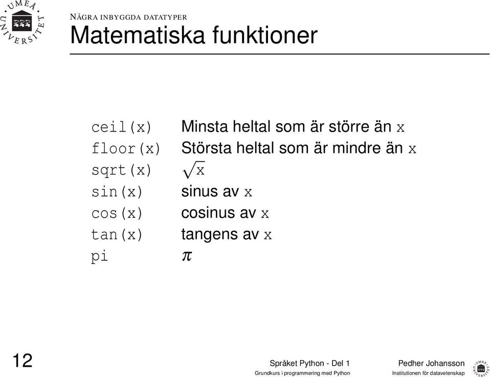 Minsta heltal som är större än x Största heltal som