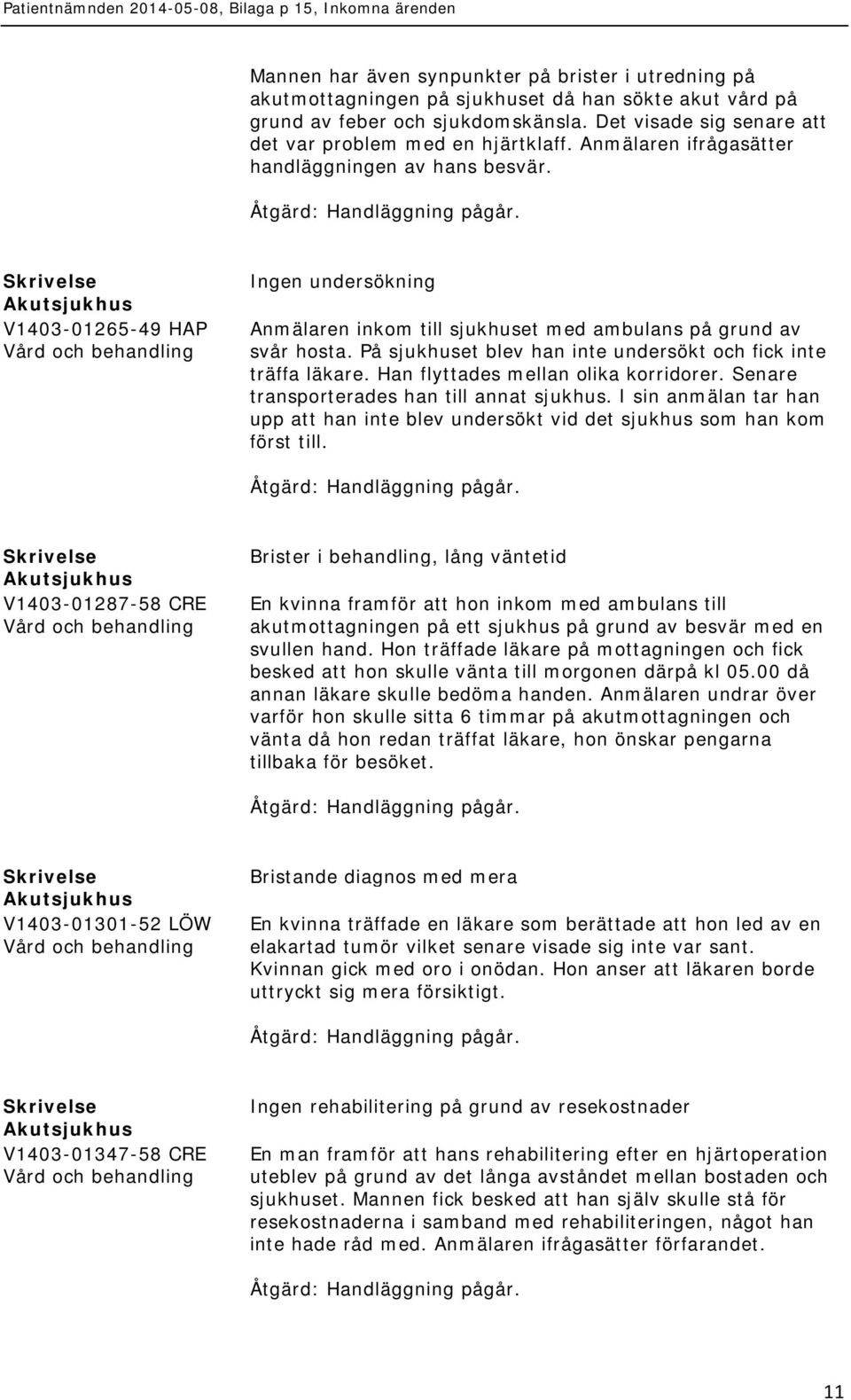 V1403-01265-49 HAP Ingen undersökning Anmälaren inkom till sjukhuset med ambulans på grund av svår hosta. På sjukhuset blev han inte undersökt och fick inte träffa läkare.