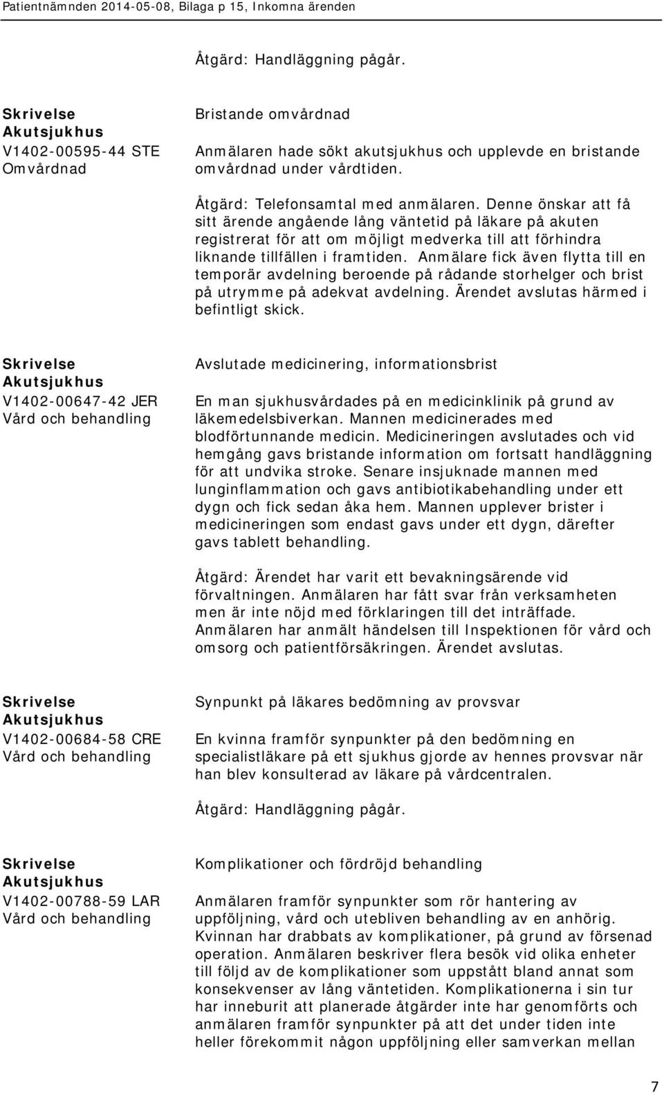 Anmälare fick även flytta till en temporär avdelning beroende på rådande storhelger och brist på utrymme på adekvat avdelning. Ärendet avslutas härmed i befintligt skick.