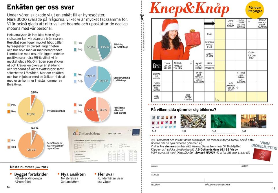 Resultt som ligger mycket högt gäller hyresgästerns trivsel i lägenheten och hur nöjd mn är med bemötndet i kontkten med oss. Här ligger ndelen positiv svr när 95% vilket vi är mycket gld för.