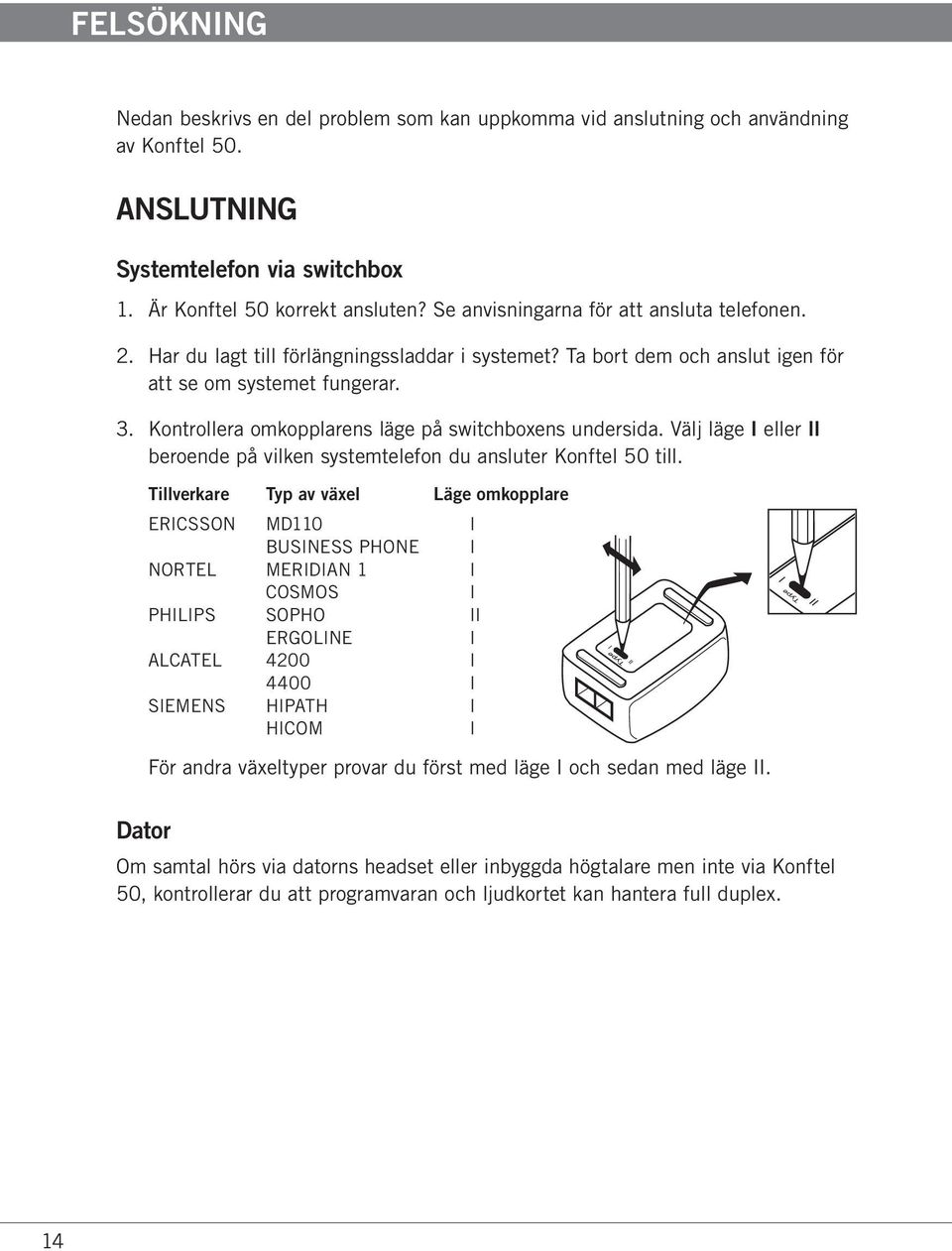 Kontrollera omkopplarens läge på switchboxens undersida. Välj läge I eller II beroende på vilken systemtelefon du ansluter Konftel 50 till.