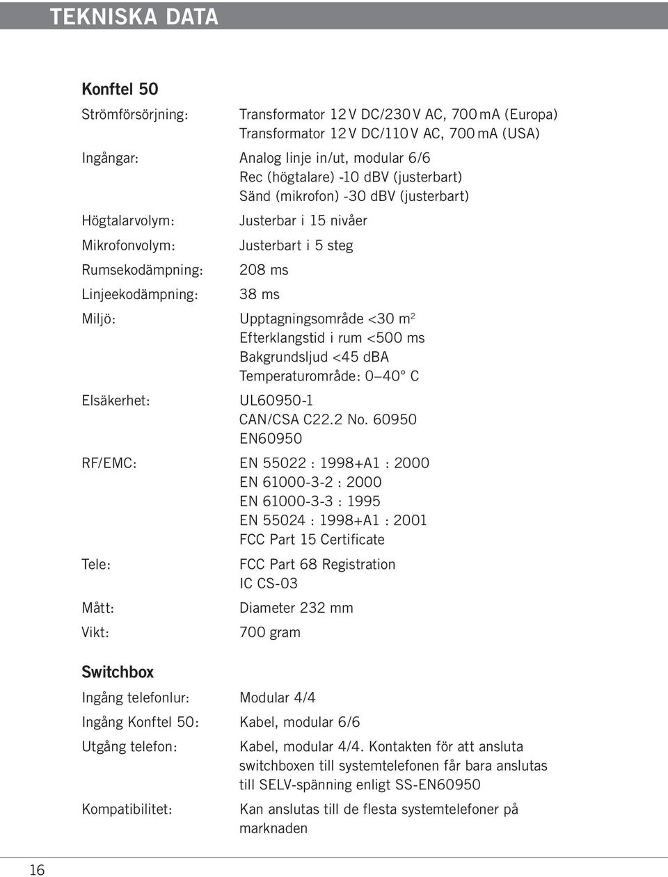 <30 m 2 Elsäkerhet: Efterklangstid i rum <500 ms Bakgrundsljud <45 dba Temperaturområde: 0 40 C UL60950-1 CAN/CSA C22.2 No.