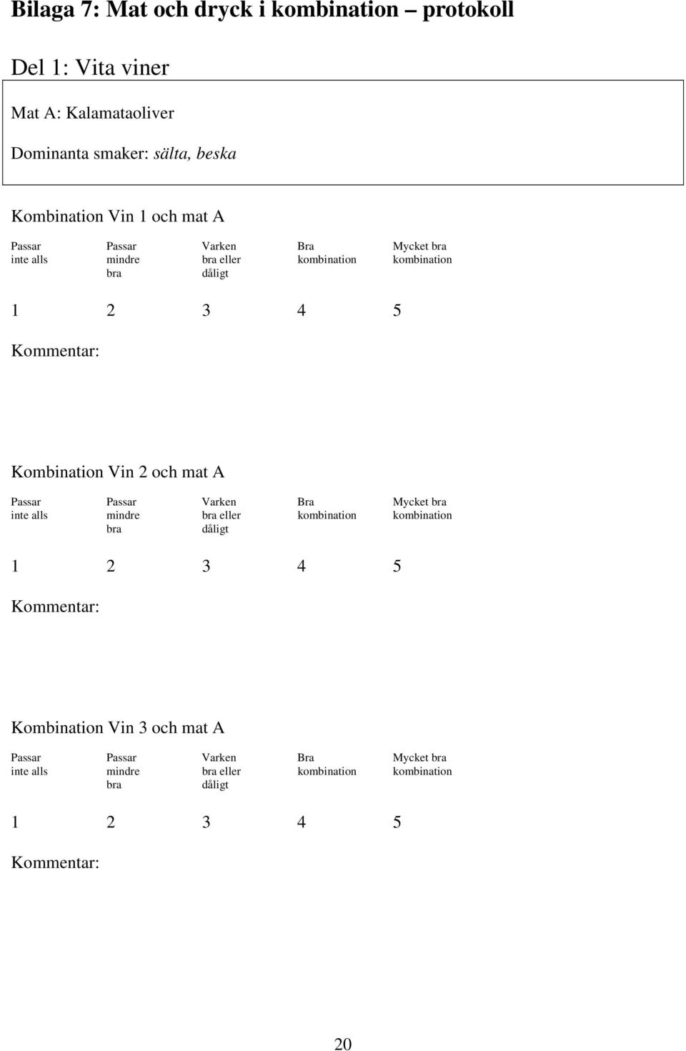 kombination Kombination Vin 2 och mat A Passar Passar Varken Bra Mycket inte alls mindre eller kombination