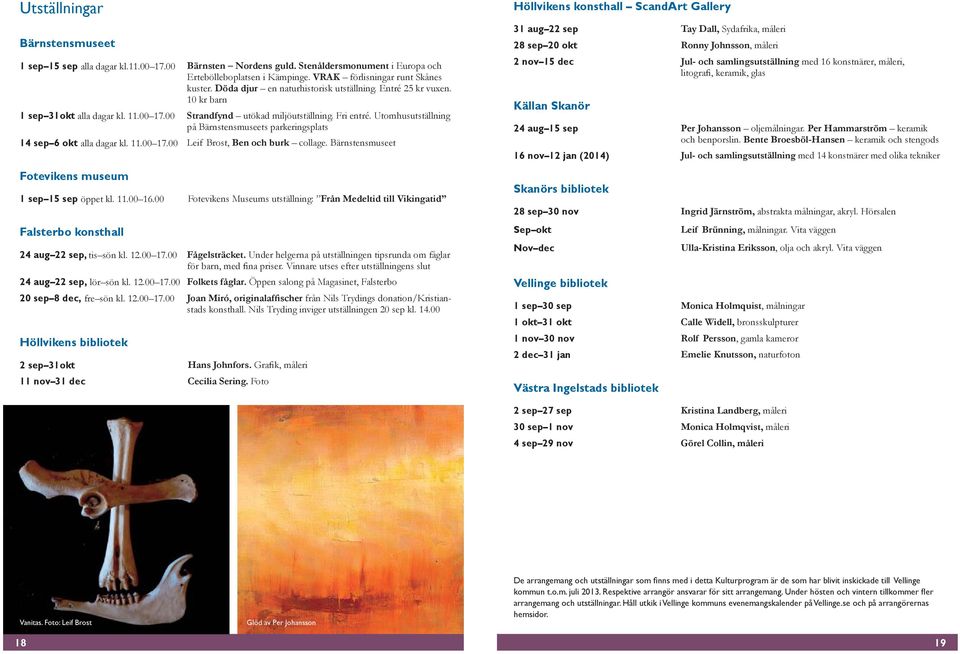 Utomhusutställning på Bärnstensmuseets parkeringsplats 14 sep 6 okt alla dagar kl. 11.00 17.00 Leif Brost, Ben och burk collage. Bärnstensmuseet Fotevikens museum 1 sep 15 sep öppet kl. 11.00 16.