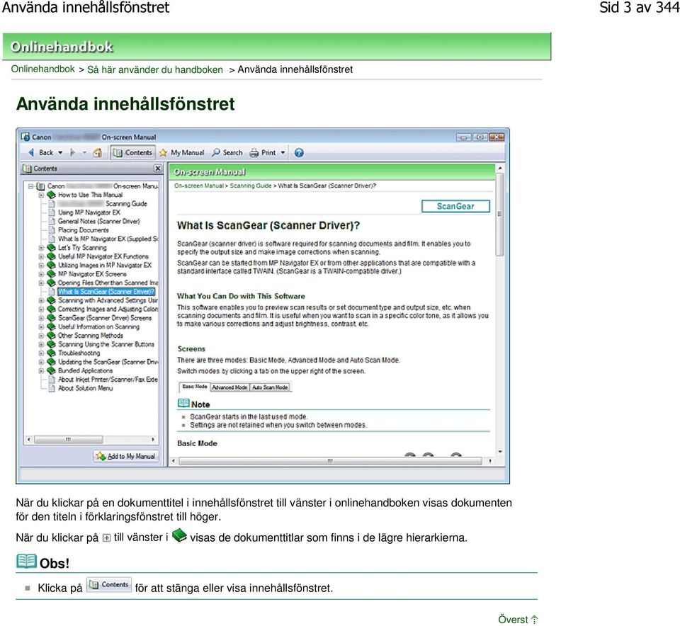 vänster i onlinehandboken visas dokumenten för den titeln i förklaringsfönstret till höger.