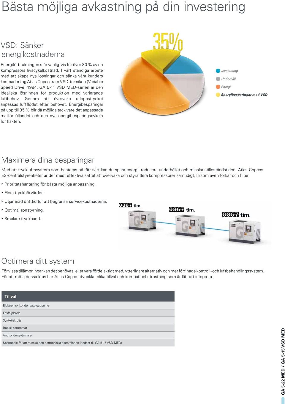 GA 5-11 VSD MED-serien är den idealiska lösningen för produktion med varierande luftbehov. Genom att övervaka utloppstrycket anpassas luftflödet efter behovet.