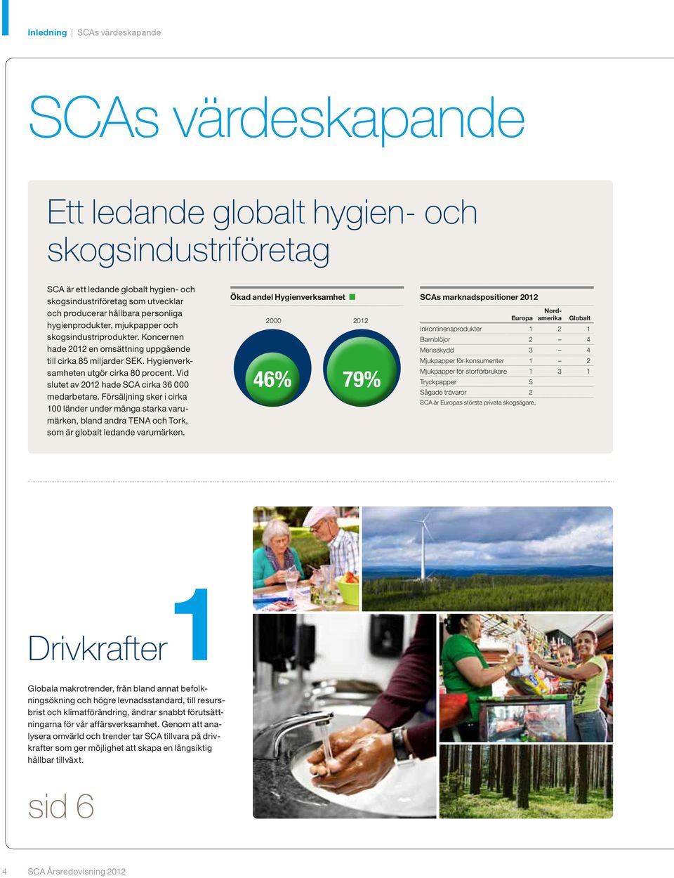 Vid slutet av 2012 hade SCA cirka 36 000 med arbetare. Försäljning sker i cirka 100 länder under många starka varumärken, bland andra TENA och Tork, som är globalt ledande varumärken.