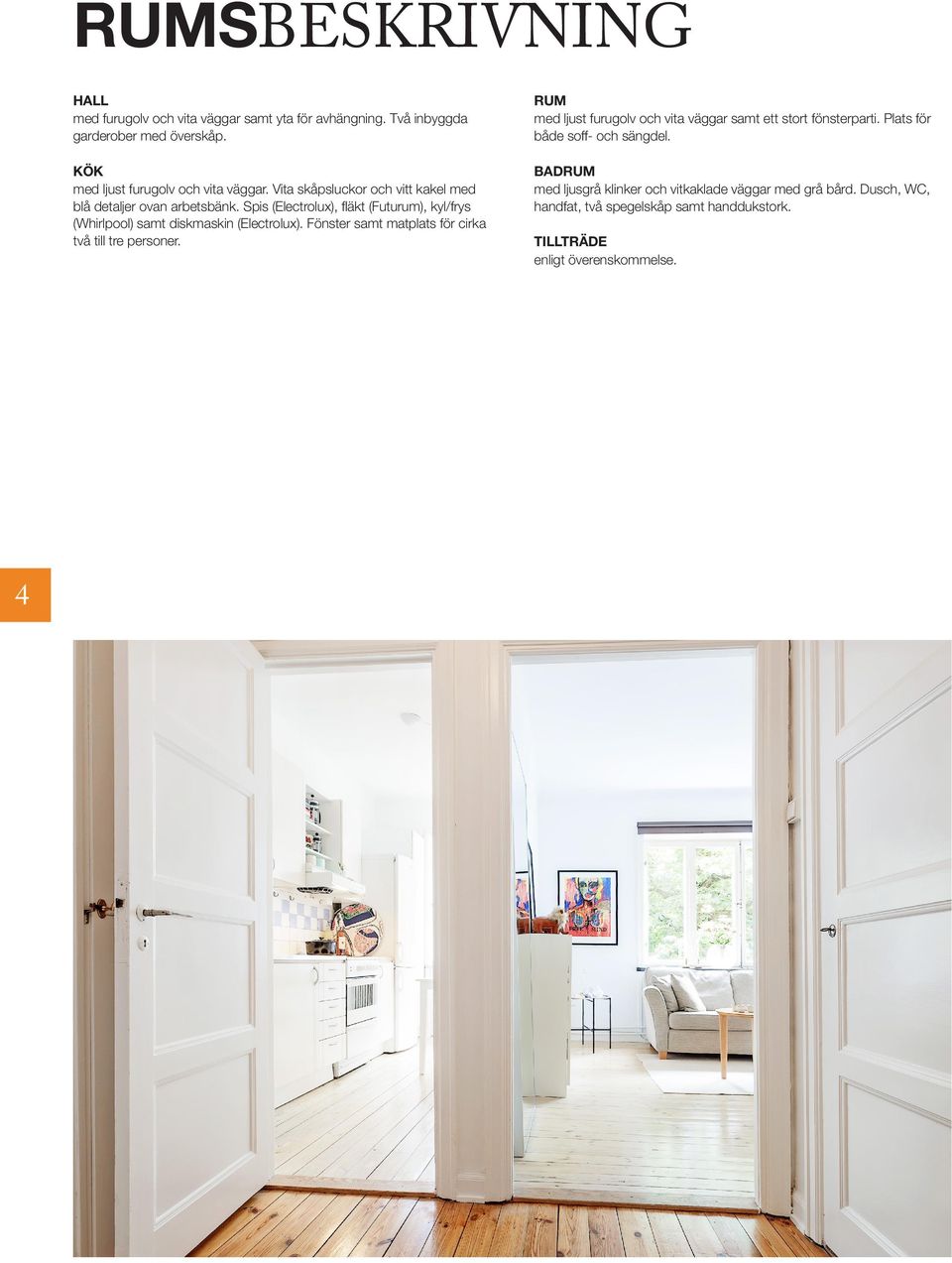 Vita skåpsluckor och vitt kakel med blå detaljer ovan arbetsbänk. Spis (Electrolux), ﬂäkt (Futurum), kyl/frys (Whirlpool) samt diskmaskin (Electrolux).