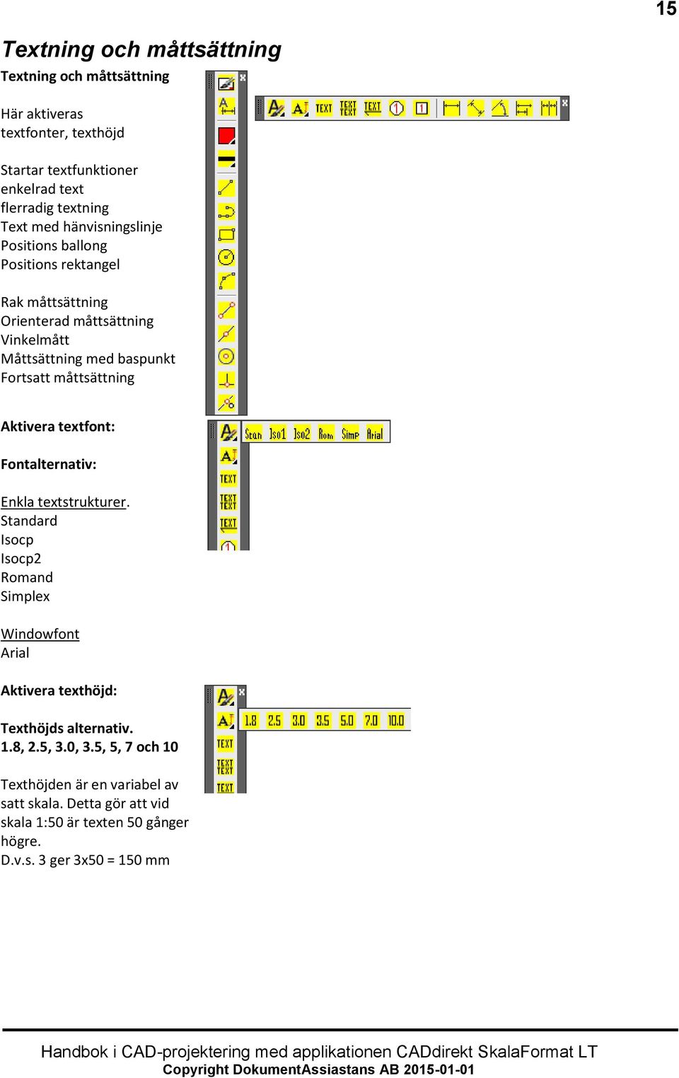 Aktivera textfont: Fontalternativ: Enkla textstrukturer. Standard Isocp Isocp2 Romand Simplex Windowfont Arial Aktivera texthöjd: Texthöjds alternativ. 1.