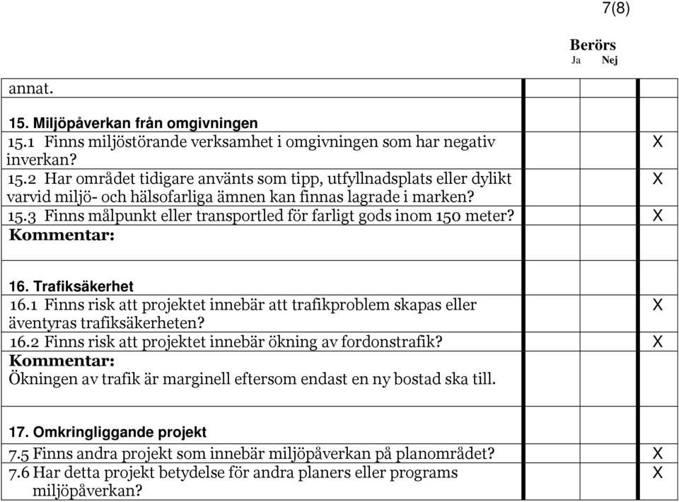 16.2 Finns risk att projektet innebär ökning av fordonstrafik? Ökningen av trafik är marginell eftersom endast en ny bostad ska till. 17. Omkringliggande projekt 7.