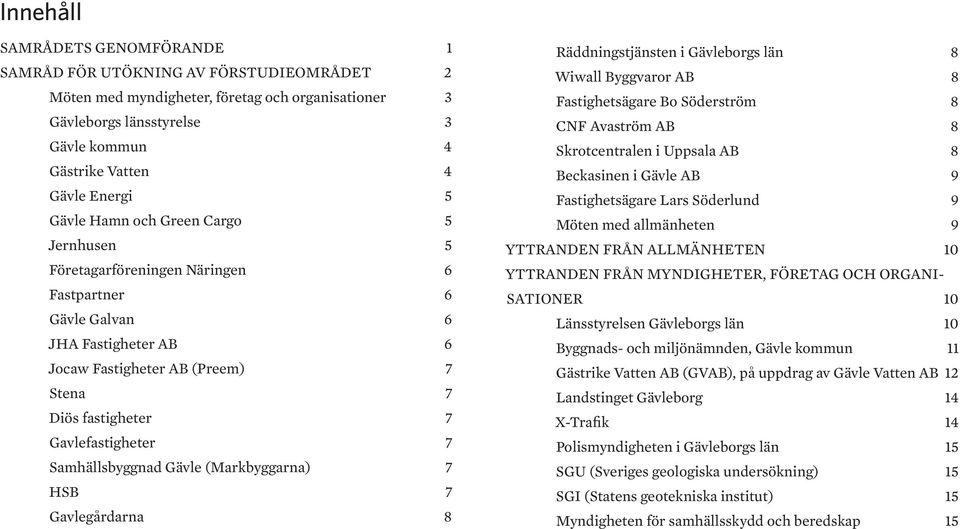7 Samhällsbyggnad Gävle (Markbyggarna) 7 HSB 7 Gavlegårdarna 8 Räddningstjänsten i Gävleborgs län 8 Wiwall Byggvaror AB 8 Fastighetsägare Bo Söderström 8 CNF Avaström AB 8 Skrotcentralen i Uppsala AB