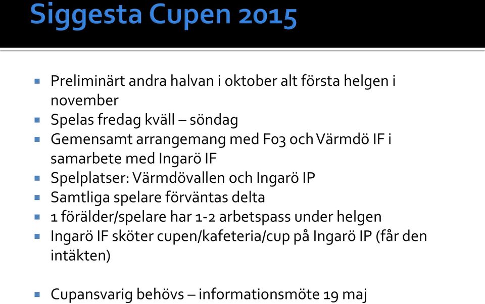 och Ingarö IP Samtliga spelare förväntas delta 1 förälder/spelare har 1-2 arbetspass under helgen