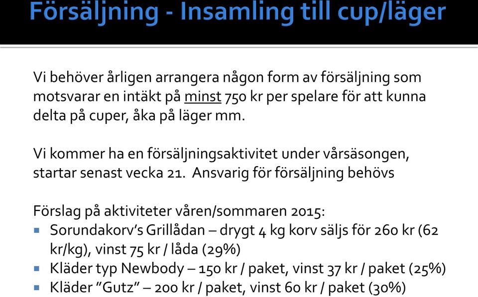 Ansvarig för försäljning behövs Förslag på aktiviteter våren/sommaren 2015: Sorundakorv s Grillådan drygt 4 kg korv säljs för 260