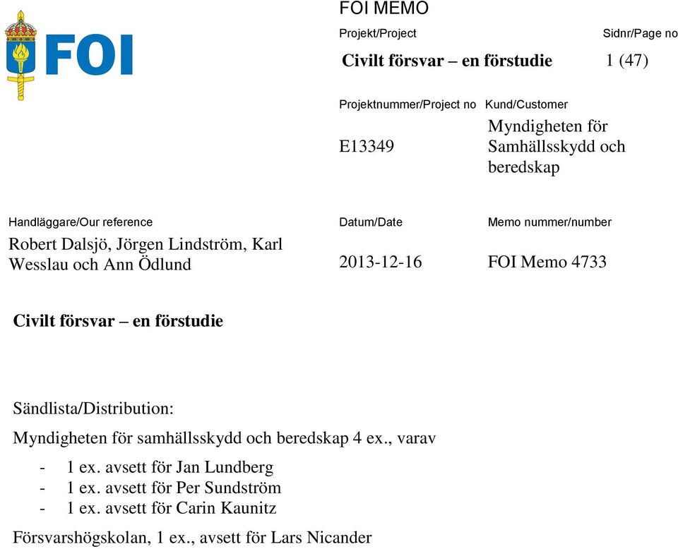 2013-12-16 FOI Memo 4733 Civilt försvar en förstudie Sändlista/Distribution: Myndigheten för samhällsskydd och beredskap 4 ex.
