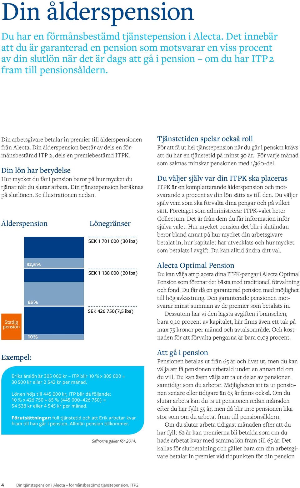 Din arbetsgivare betalar in premier till ålderspensionen från Alecta. Din ålderspension består av dels en förmånsbestämd ITP 2, dels en premiebestämd ITPK.
