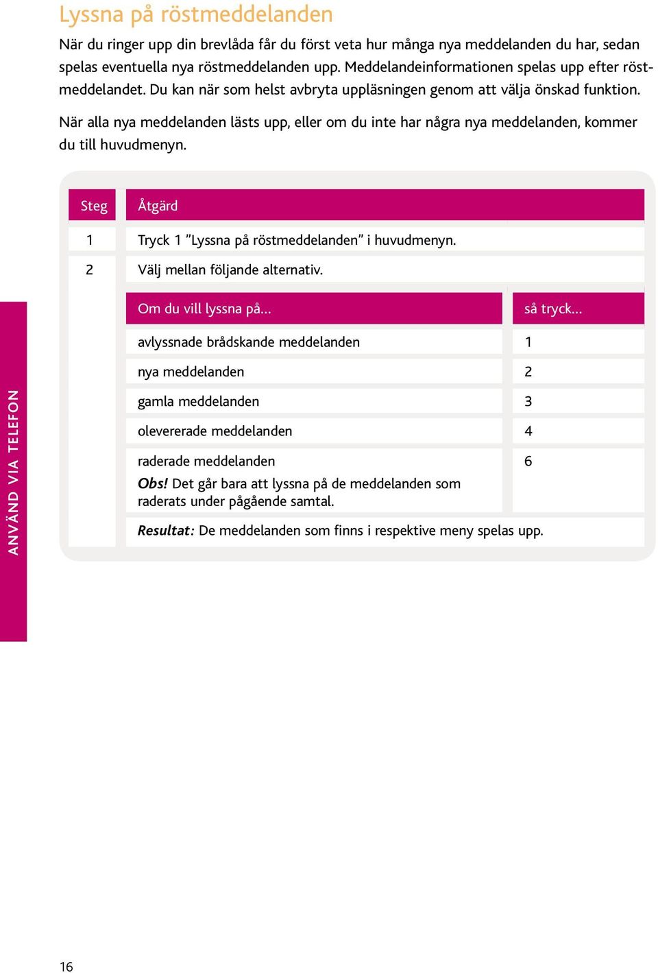 När alla nya meddelanden lästs upp, eller om du inte har några nya meddelanden, kommer du till huvudmenyn. 1 Tryck 1 Lyssna på röstmeddelanden i huvudmenyn. 2 Välj mellan följande alternativ.