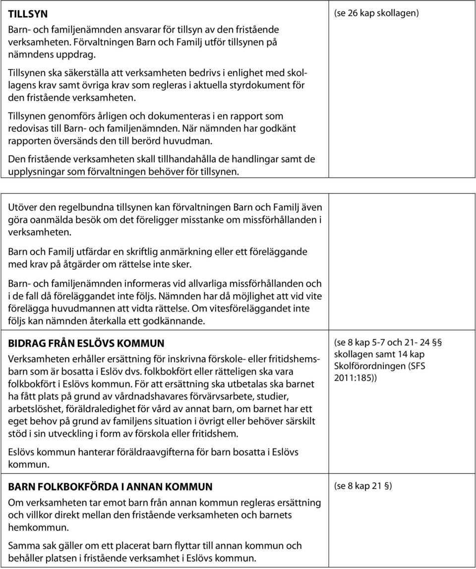 Tillsynen genomförs årligen och dokumenteras i en rapport som redovisas till Barn- och familjenämnden. När nämnden har godkänt rapporten översänds den till berörd huvudman.