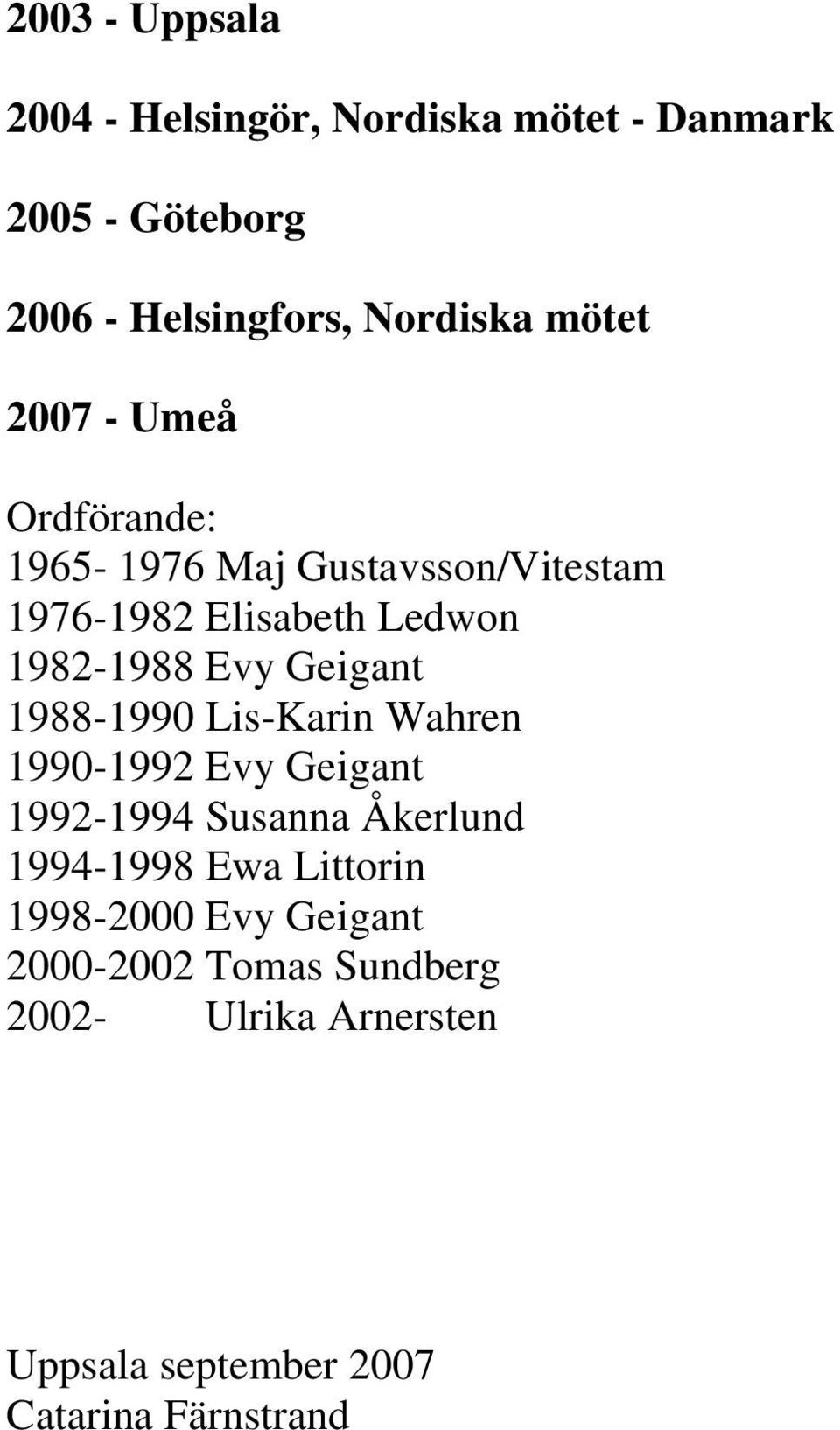 Geigant 1988-1990 Lis-Karin Wahren 1990-1992 Evy Geigant 1992-1994 Susanna Åkerlund 1994-1998 Ewa Littorin