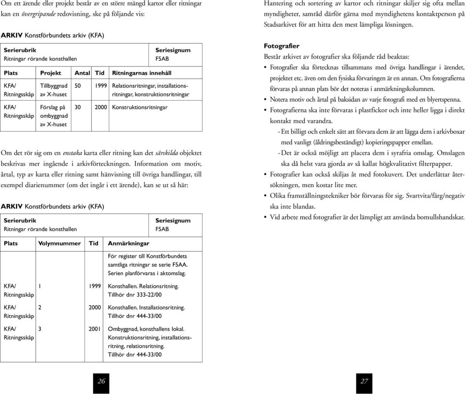 Information om motiv, årtal, typ av karta eller ritning samt hänvisning till övriga handlingar, till exempel diarienummer (om det ingår i ett ärende), kan se ut så här: ARKIV Konstförbundets arkiv