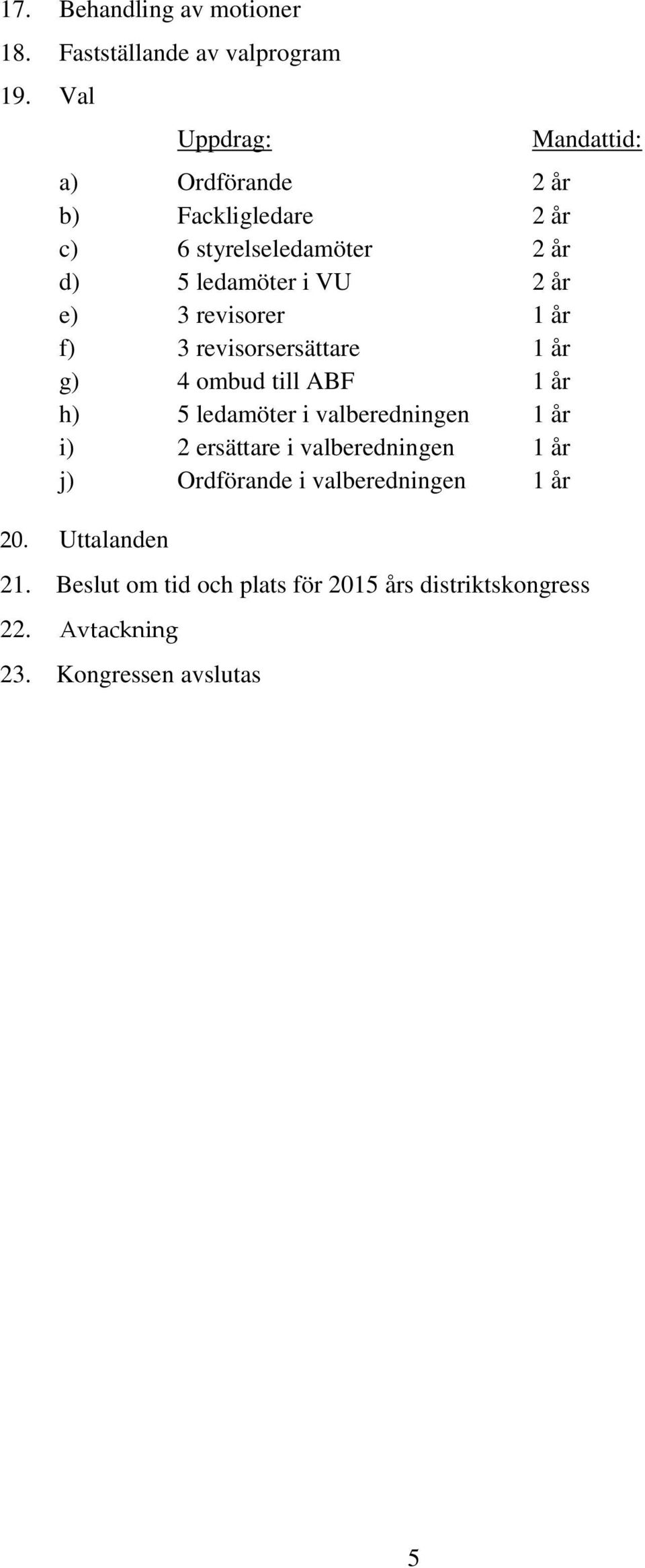 revisorer 1 år f) 3 revisorsersättare 1 år g) 4 ombud till ABF 1 år h) 5 ledamöter i valberedningen 1 år i) 2 ersättare