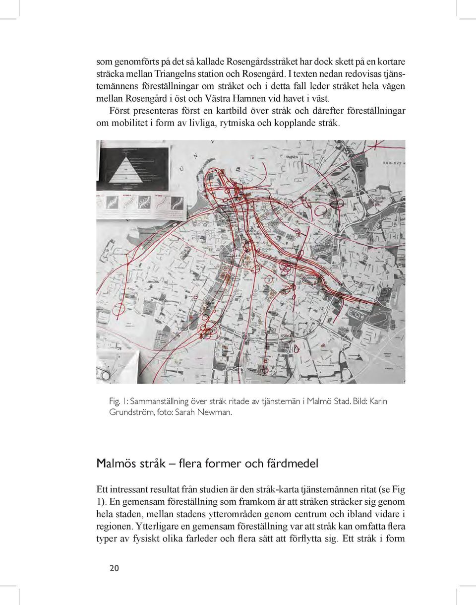 Först presenteras först en kartbild över stråk och därefter föreställningar om mobilitet i form av livliga, rytmiska och kopplande stråk. Fig.