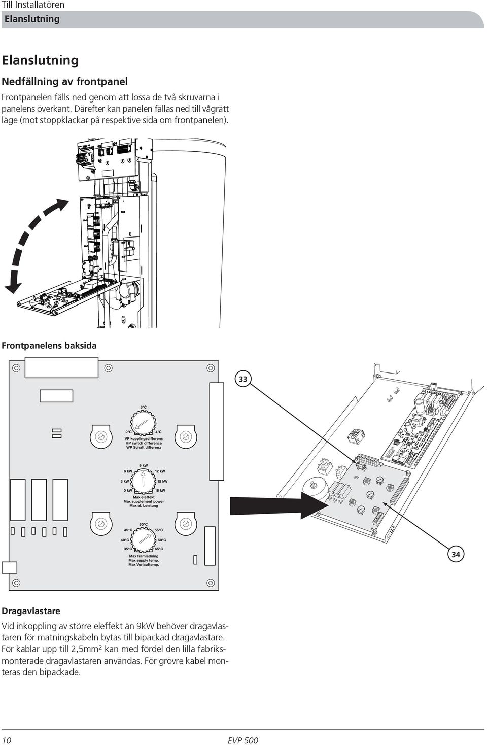 Frontpanelens baksida 33 LEK 34 Dragavlastare Vid inkoppling av större eleffekt än 9kW behöver dragavlastaren för matningskabeln bytas
