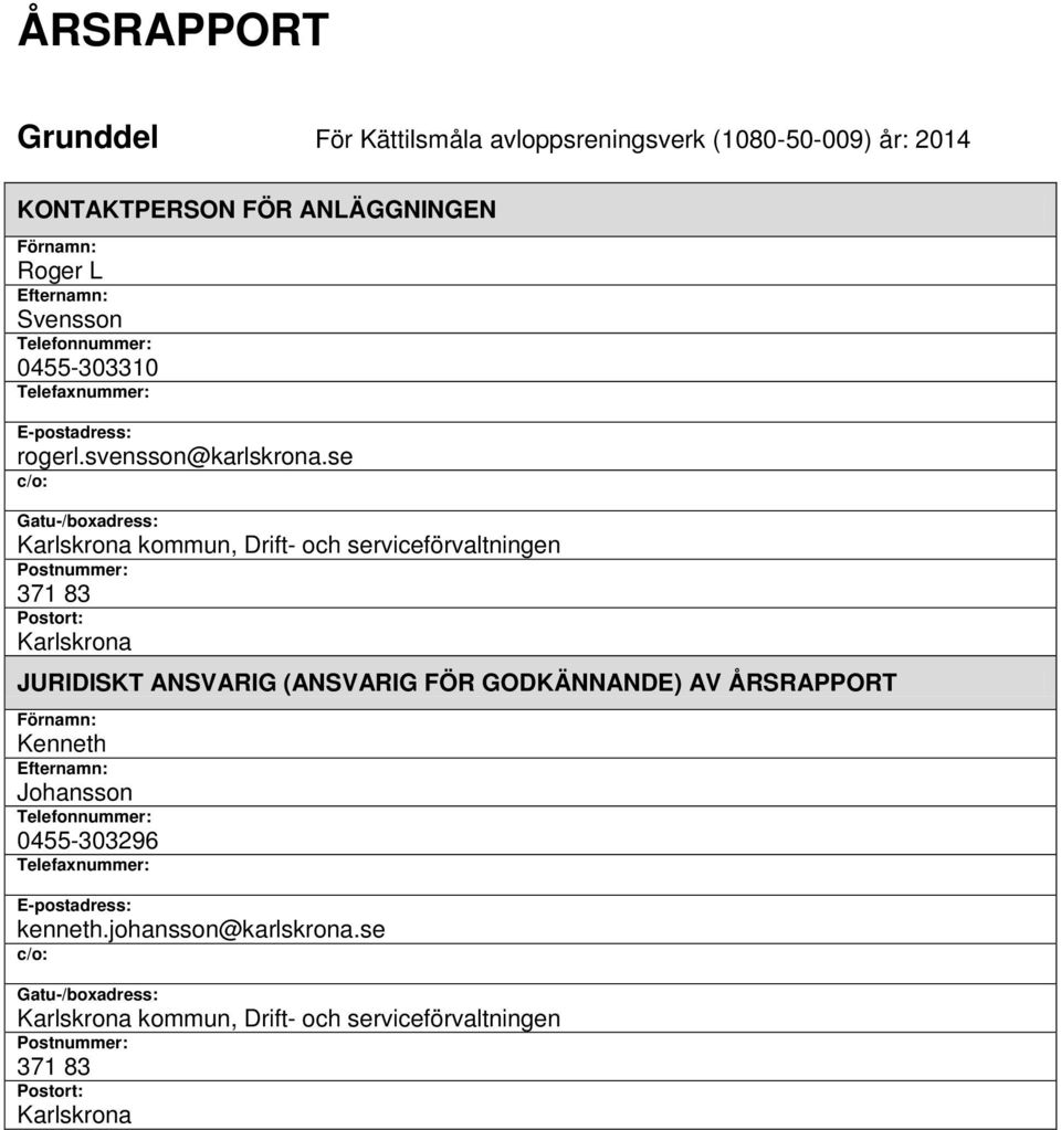 se c/o: Gatu-/boxadress: Karlskrona kommun, Drift- och serviceförvaltningen Postnummer: 371 83 Postort: Karlskrona JURIDISKT ANSVARIG (ANSVARIG FÖR