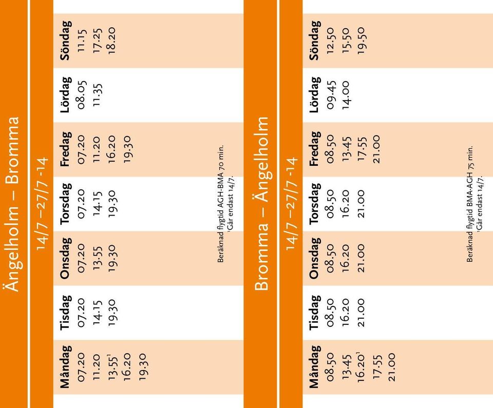 Bromma Ängelholm 14/7 27/7-14 Beräknad flygtid BMA-AGH