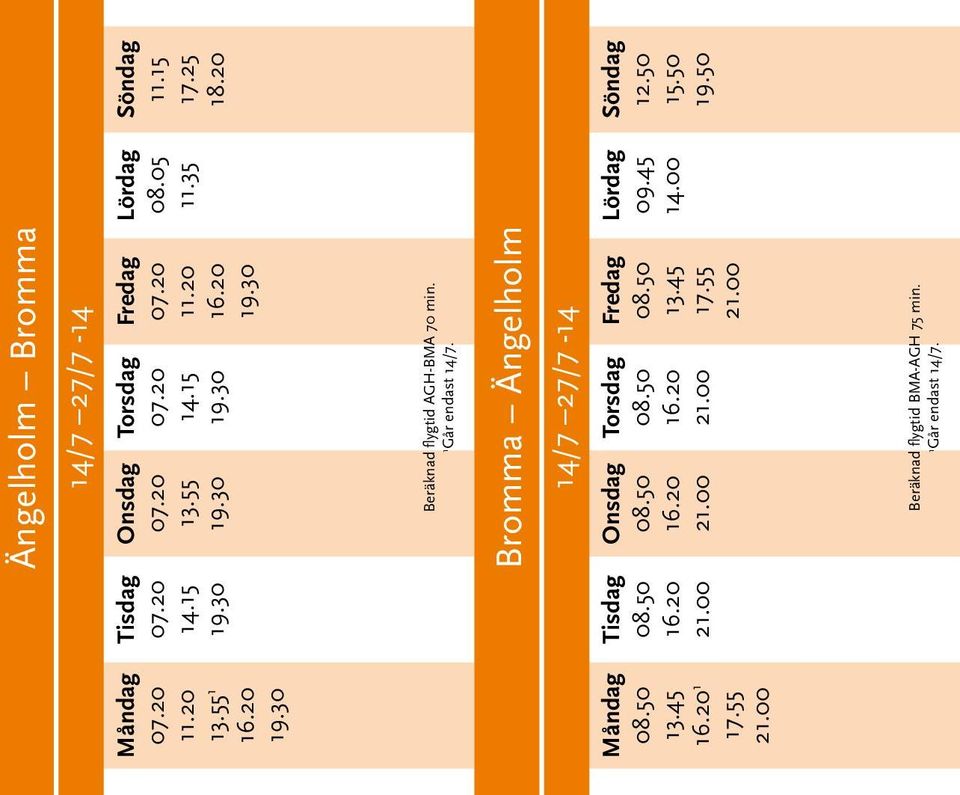 Bromma Ängelholm 14/7 27/7-14 Beräknad flygtid BMA-AGH