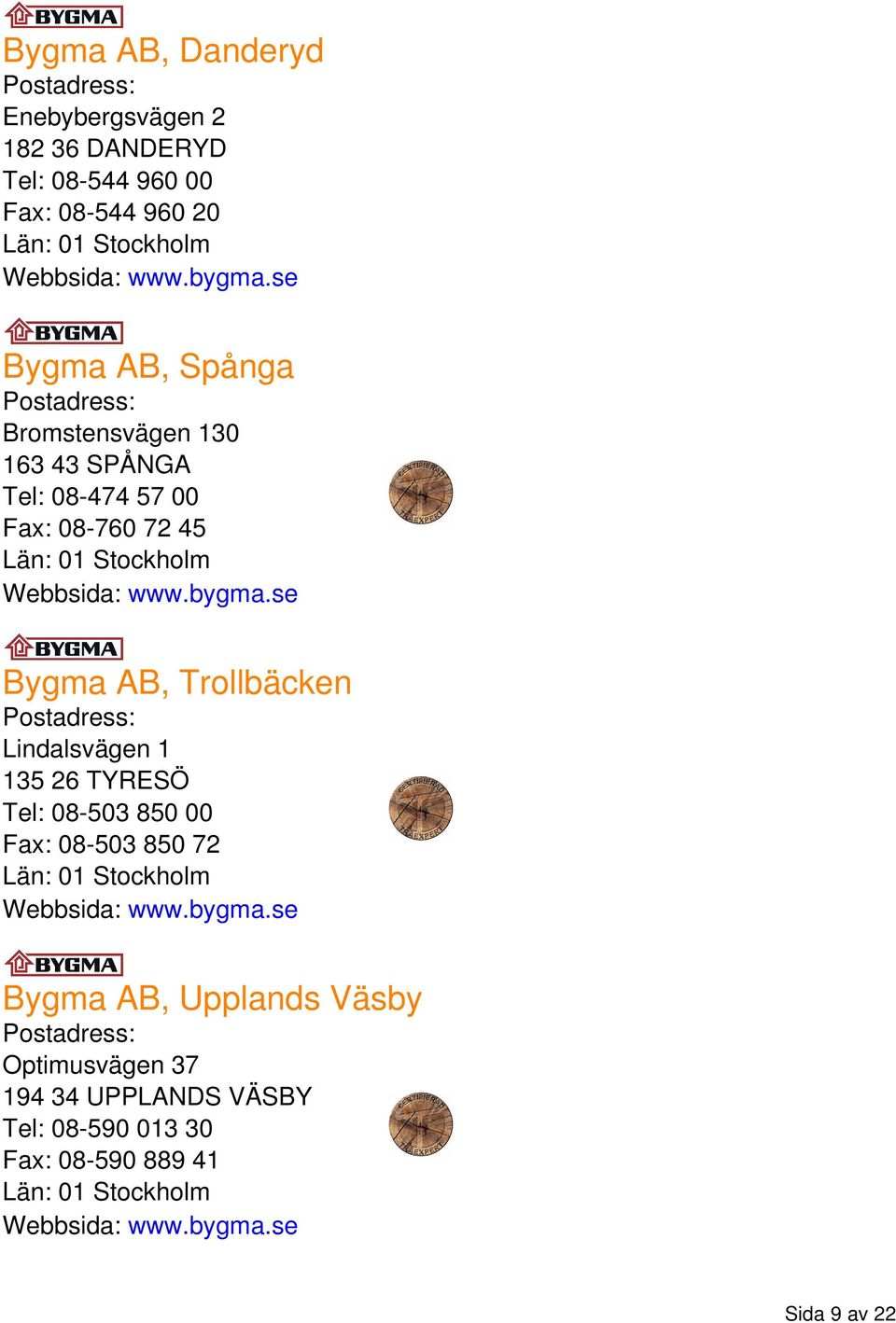 se Bygma AB, Trollbäcken Lindalsvägen 1 135 26 TYRESÖ Tel: 08-503 850 00 Fax: 08-503 850 72 Webbsida: www.bygma.
