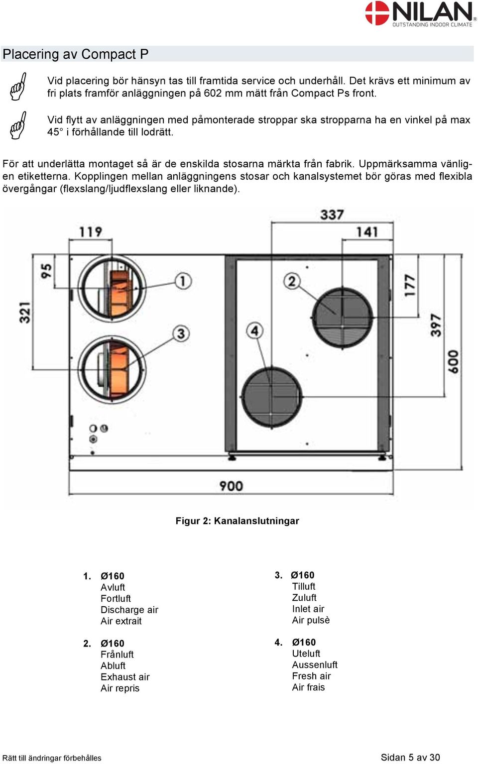 Uppmärksamma vänligen etiketterna. Kopplingen mellan anläggningens stosar och kanalsystemet bör göras med flexibla övergångar (flexslang/ljudflexslang eller liknande). Figur 2: Kanalanslutningar 1.