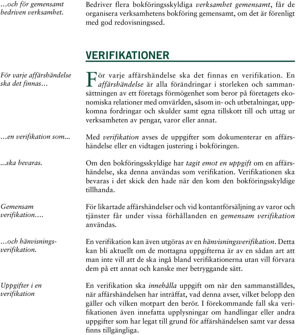 Uppgifter i en verifikation För varje affärshändelse ska det finnas en verifikation.
